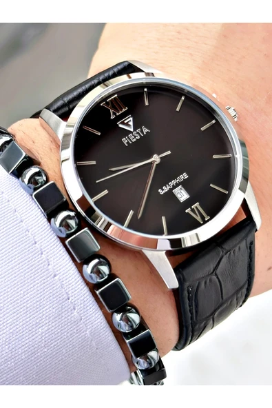 Fiesta Siyah Renk Roma Rakamlı Çelik Kasa Business Erkek Kol Saati + BİLEKLİK - Resim 3