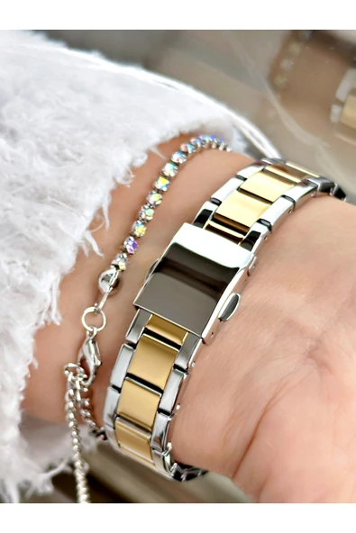 Ferrucci Silver Altın Renk Aynalı Cam Model  Klasik Kadın Kol Saati + BİLEKLİK - Resim 3