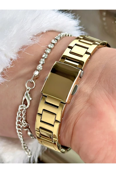 Ferrucci Altın Renk Kare Model Taşlı Çelik Kordon Kadın Kol Saati + BİLEKLİK HEDİYELİ - Resim 4