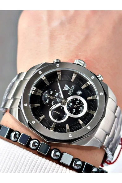 Fiesta Gümüş Renk Çelik Elite Mekanizma Garantili Fonksiyonlu Erkek Kol Saati + BİLEKLİK - Resim 3