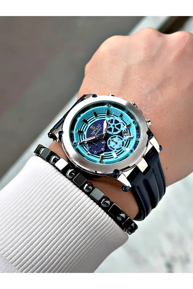 Reward Lacivert Renk Deri Kordon Çelik Kasa Fonksiyonlu Erkek Kol Saati + BİLEKLİK - Resim 2