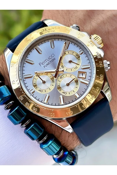 Ferrucci Lacivert Gold Renk Silikon Kordon Fonksiyonlu 2 Yıl Garantili Erkek Kol Saati + Bileklik Hediyeli - Resim 3