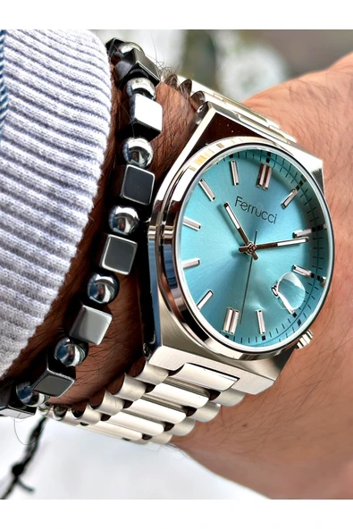 Ferrucci Gümüş Renk Klasik Takvimli Çelik Kordon Erkek Kol Saati + BİLEKLİK - Resim 4