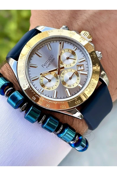Ferrucci Lacivert Gold Renk Silikon Kordon Fonksiyonlu 2 Yıl Garantili Erkek Kol Saati + Bileklik Hediyeli - Resim 4