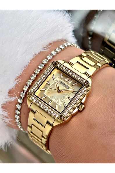 Ferrucci Altın Renk Kare Model Taşlı Çelik Kordon Kadın Kol Saati + BİLEKLİK HEDİYELİ ürün görseli 1