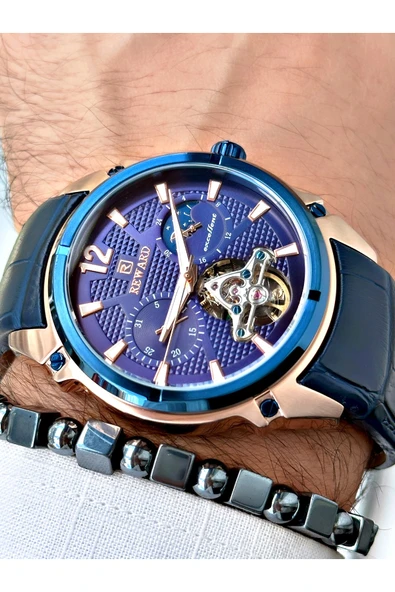 Reward Lacivert Renk Deri Kordon Çelik Kasa  Mekanizma Lüx Erkek Kol Saati + BİLEKLİK HEDİYELİ - Resim 2