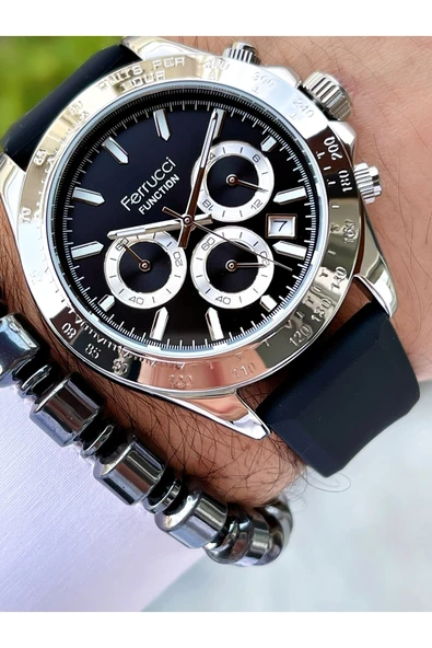 Ferrucci Siyah Renk Silikon Kordon Fonksiyonlu 2 Yıl Garantili Erkek Kol Saati + Bileklik - Resim 3