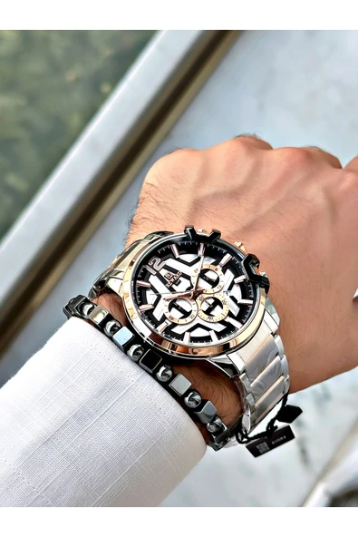 Reward Gümüş Renk Büyük Kasa Çelik Kordon  Erkek Kol Saati + BİLEKLİK - Resim 3