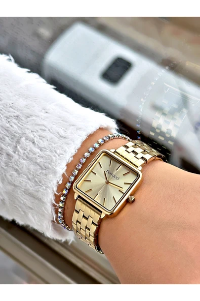 Ferrucci Altın Renk Kare Sade Model Büyük Kasa Kadın Kol Saati + BİLEKLİK - Resim 2