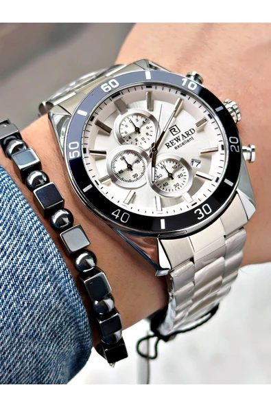 Reward Gümüş Renk Çelik Kordon Şık Dizayn Erkek Kol Saati + BİLEKLİK ürün görseli 1