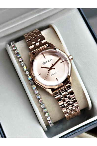 Ferrucci Bakır Renk Sade Model Klasik Kadın Kol Saati + BİLEKLİK ürün görseli 1