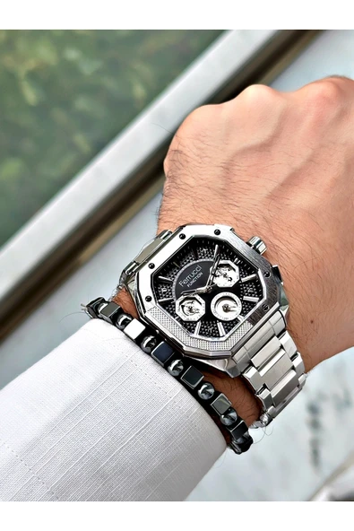 Ferrucci Gümüş Renk Kare Fonksiyonlu  Çelik Kordon Erkek Kol Saati + BİLEKLİK HEDİYELİ - Resim 2