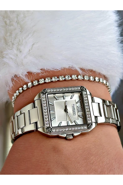 Ferrucci Gümüş Renk Kare Model Taşlı Çelik Kordon Kadın Kol Saati + BİLEKLİK HEDİYELİ - Resim 3