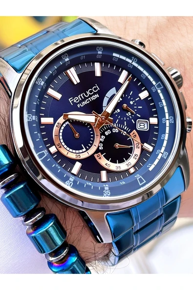 Ferrucci Lacivert Renk Siyah Kasa Çelik Kordon Fonksiyonlu Erkek Kol Saati + Bileklik Hediyeli ürün görseli 1