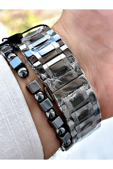 GÜMÜŞ Füme Renk Kare Model Çelik Kordon  Erkek Kol Saati + Bileklik - Resim 4