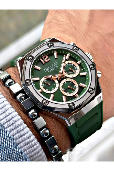 Ferrucci Yeşil Renk Silikon Spor  Erkek Kol Saati + BİLEKLİK HEDİYELİ - Resim 3
