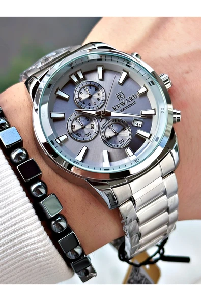Reward Gümüş Renk Fonksiyonlu Çelik Kordon Erkek Kol Saati + BİLEKLİK HEDİYELİ - Resim 3