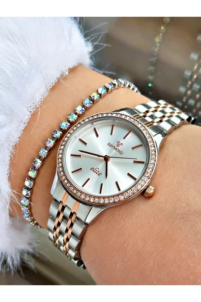 Raymond Rose Gold Gümüş Renk Taşlı Model Klasik Kadın Kol Saati + BİLEKLİK ürün görseli 1