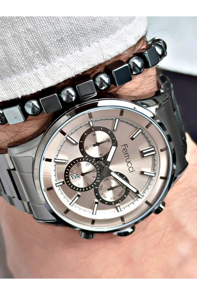 Ferrucci Füme Renk Çelik Kordon  Erkek Kol Saati + BİLEKLİK HEDİYELİ - Resim 4