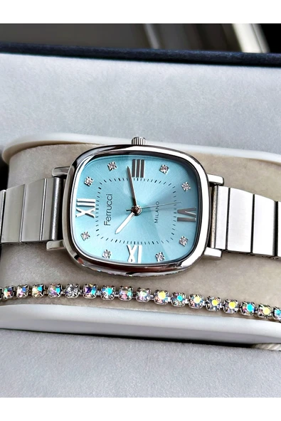 Ferrucci Gümüş Renk Kare Model Roma Rakamlı Şık Dizayn Kadın Kol Saati Bileklik - Resim 2