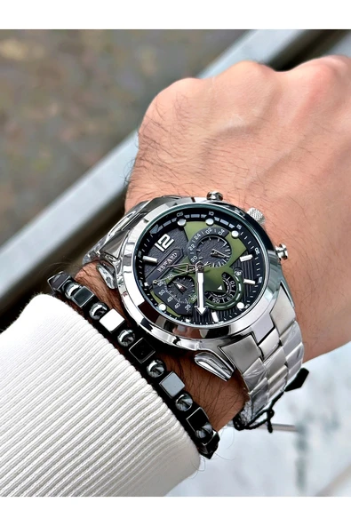 Reward Gümüş Renk Spor Fonksiyonlu Çelik Kordon Erkek Kol Saati + BİLEKLİK - Resim 2