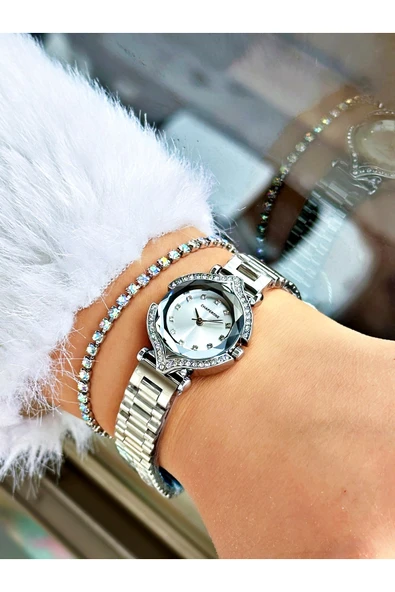 Chaperone Gümüş Renk Taşlı Model Minimal Aynalı Kadın Kol Saati + BİLEKLİK - Resim 2