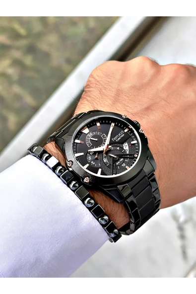 Ferrucci Siyah Renk Spor Fonksiyonlu  Çelik Kordon Erkek Kol Saati + BİLEKLİK - Resim 2