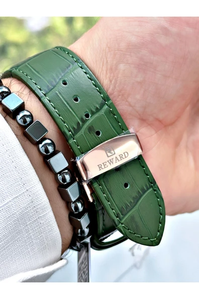 Reward Yeşil Renk Deri Kordon Çelik Kasa  Mekanizma Lüx Erkek Kol Saati + BİLEKLİK HEDİYELİ - Resim 6