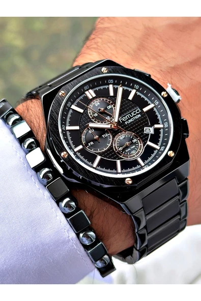 Ferrucci Siyah Renk Çelik Kordon Fonksiyonlar Aktif Erkek Kol Saati + BİLEKLİK - Resim 3
