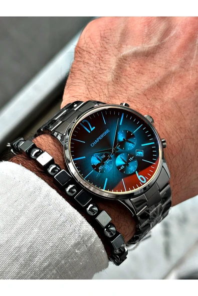 Chaperone Füme Renk Renkli Cam Fonksiyonlar Aktif Çelik Kordon Erkek Kol Saati + BİLEKLİK HEDİYELİ By Reward - Resim 2