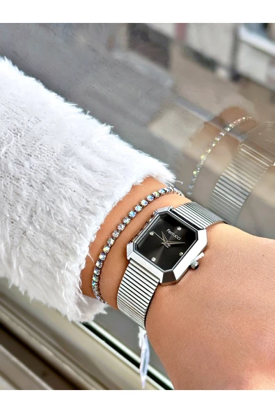 Ferrucci Gümüş Renk Kare Model Hasır Kordon Kadın Kol Saati + BİLEKLİK - Resim 2