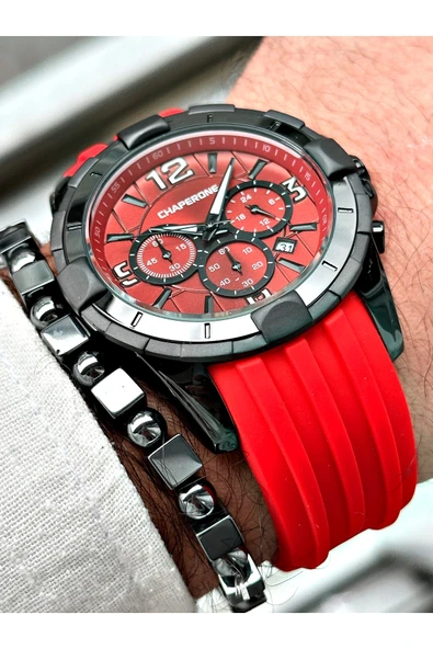 Chaperone Kırmızı Spor Silikon Fonksiyonlu Şık Dizayn Erkek Kol Saati + BİLEKLİK HEDİYELİ By Reward - Resim 5