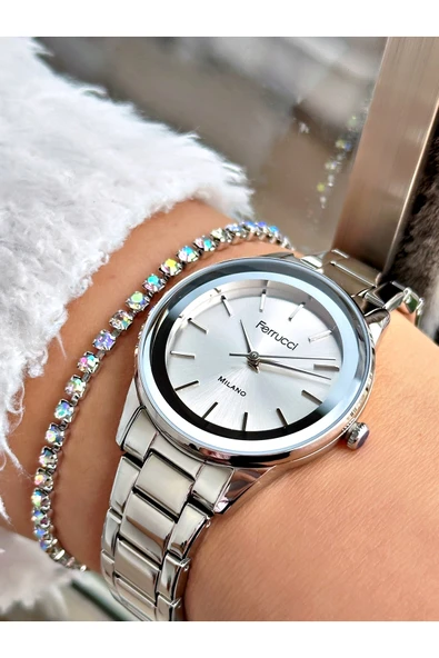 Ferrucci Gümüş Renk Aynalı Cam Model  Klasik Kadın Kol Saati + BİLEKLİK ürün görseli 1