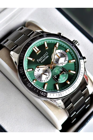 Ferrucci Siyah Renk Yeşil Kadran Fonksiyonlar Aktif Spor Çelik Kordon Erkek Kol Saati Bileklik ürün görseli 1