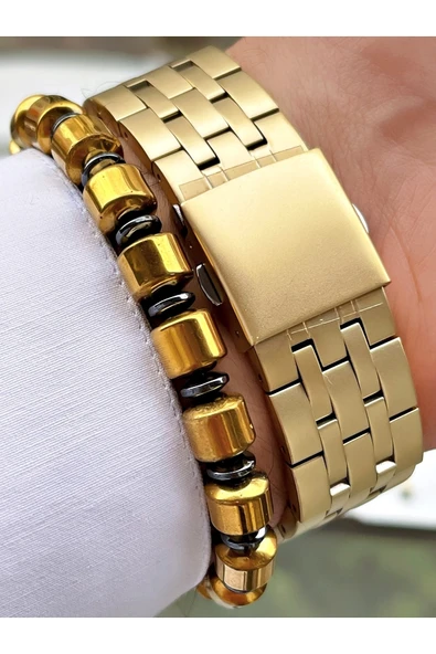 Ferrucci Altın Renk Spor Model Çelik Kordon Erkek Kol Saati + Bileklik Hediyeli - Resim 4