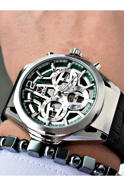 Fiesta Siyah Renk Fonksiyonlu Çelik Kasa Spor Deri Silikon Erkek Kol Saati + BİLEKLİK ürün görseli 1