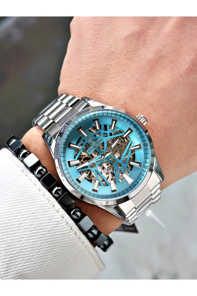 Reward Gümüş Renk İskelet Model Otomatik Çelik Kordon Erkek Kol Saati + BİLEKLİK - Resim 3