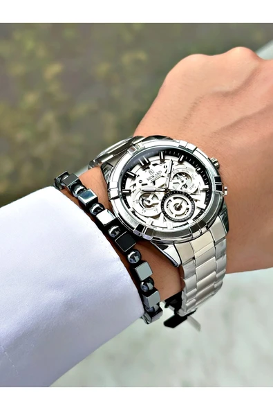 Reward Gümüş Renk Çelik Kordon Orjinal Erkek Kol Saati + Bileklik Hediyeli - Resim 2