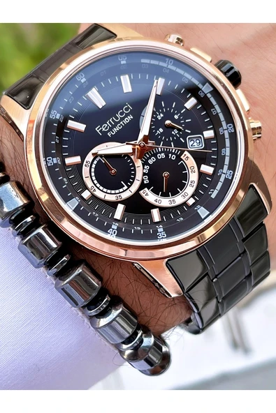 Ferrucci Siyah Rose Gold Renk Çelik Kordon Fonksiyonlu Erkek Kol Saati Bileklik ürün görseli 1