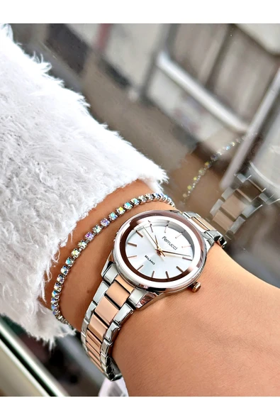 Ferrucci Rose Gold Gümüş Renk Aynalı Cam Kristal Model Şık Model Kadın Kol Saati + BİLEKLİK HEDİYELİ - Resim 2