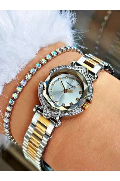 Chaperone Altın Gümüş Renk Taşlı Model Minimal Aynalı Kadın Kol Saati + BİLEKLİK ürün görseli 1