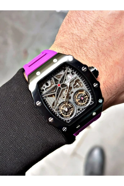 Navimarine Mor Renk Otomatik Business Orijinal Çift Türbünlü Silikon Spor Kol Saati + Bileklik Hediyeli - Resim 2