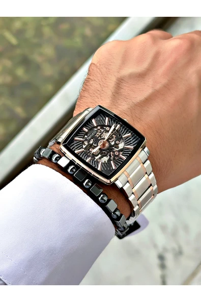 Ferrucci Gümüş Renk Otomatik Kare Business  Mekanizma Erkek Kol Saati + BİLEKLİK - Resim 2