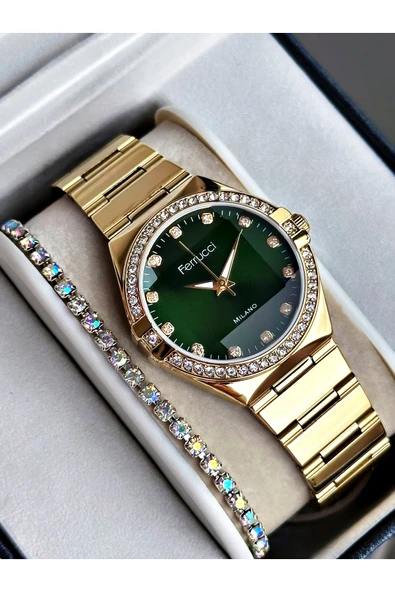 Ferrucci Altın Renk Aynalı Model Taşlı Model Kadın Kol Saati + BİLEKLİK - Resim 3