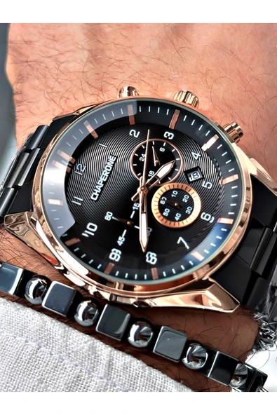 Chaperone Siyah Renk Fonksiyonlar Aktif Çelik Kordon  Erkek Kol Saati + BİLEKLİK HEDİYELİ By Reward ürün görseli 1