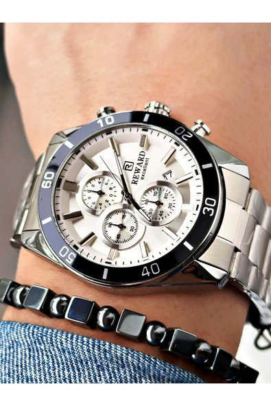 Reward Gümüş Renk Çelik Kordon Şık Dizayn Erkek Kol Saati + BİLEKLİK - Resim 3