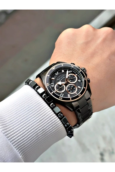 Ferrucci Siyah Renk Bronz Kasa Deri Kayışlı Erkek Kol Saati + Hematit Doğaltaş Bileklik Hediyeli - Resim 2