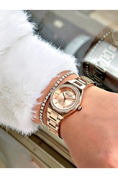 Ferrucci Rose Gold Renk Sade Tasarım Taşlı Çelik Kordon Kadın Kol Saati + BİLEKLİK HEDİYELİ - Resim 2