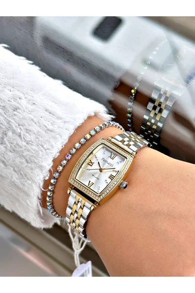 Ferrucci Altın Gümüş Renk Kare Taşlı Model Çelik Kordon Kadın Kol Saati + BİLEKLİK - Resim 2