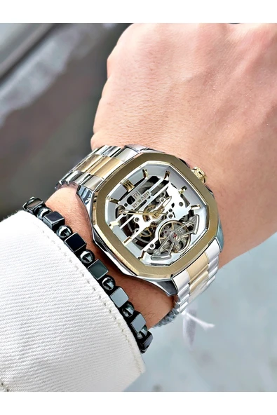 Reward Altın Gümüş Renk Otomatik İskelet Kare Model Mekanizma Erkek Kol Saati + BİLEKLİK - Resim 2